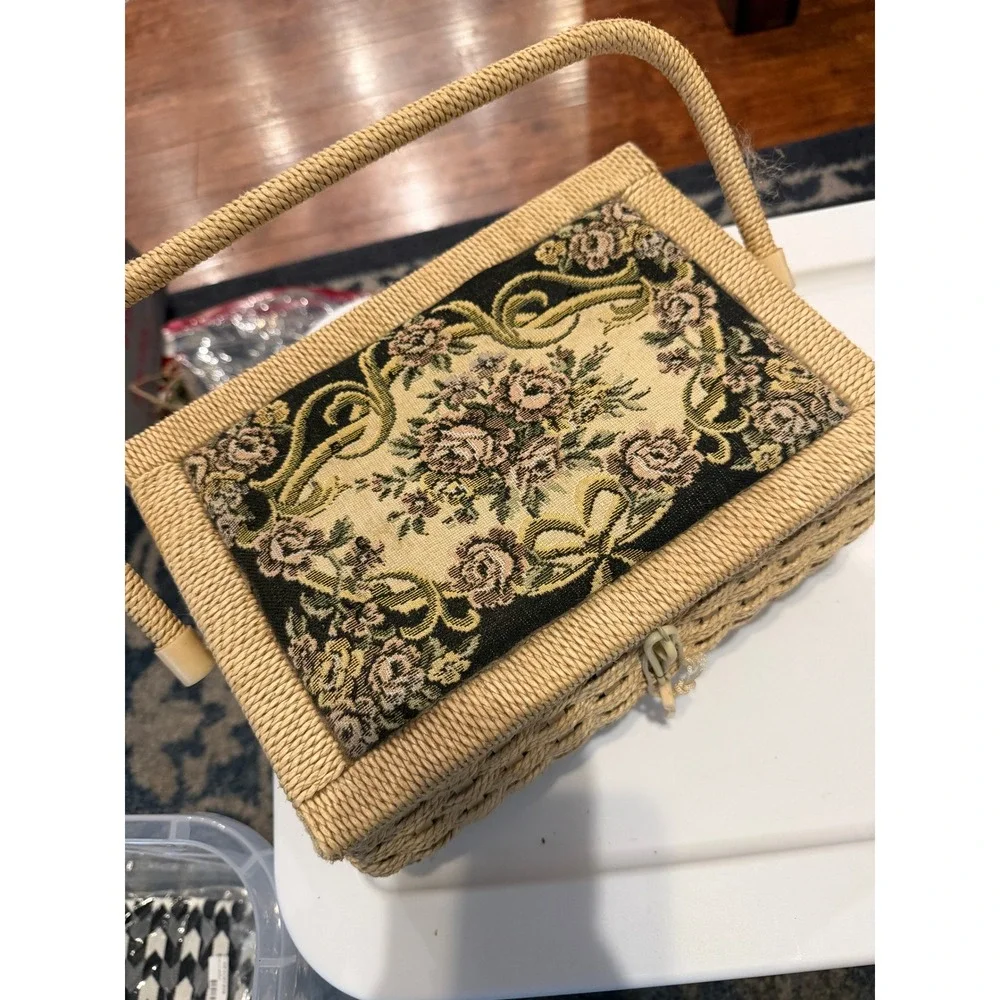 Vintage Wicker Sewing Basket Floral Tapestry Lid with Notions 10x7 Mid Century